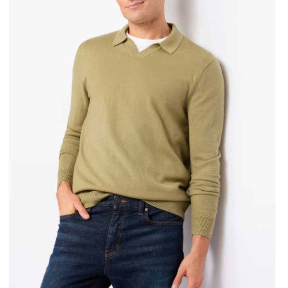 The Commons Long Sleeve Merino Johnny Collar Sweater Polo, Tan, Size Large